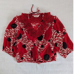 VTG Assorti Susan Freis Red Black Polka Dot Ruffle Blouse‎ Women's M Maximalist